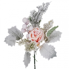 Декоративная ветвь "Роза в снегу", розовая, 30 см (9171-008)