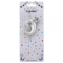 Свічка для торта "9", срібна, 13 см (9074-055)