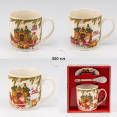 Кружка с блюдцем и ложечкой "Funny Santa", 350 мл * Рандомный выбор дизайна (9250-028)