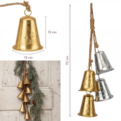 Подвеска из 4 металлических колокольчиков, серебряно-золотая, 72 см (6034-001)
