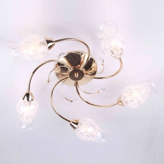 Люстра золота стельова з 5 прозорими плафонами та кристалами (ML010/5)