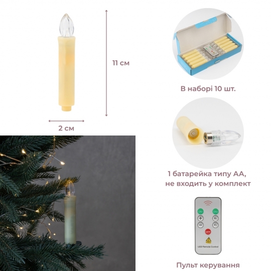Набор из 10 светодиодных свечей (LED) с клипсами на елку, айвори, 10 см (9262-012)