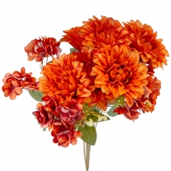 Букет "Цветочный ансамбль" (6 георгин и 3 гортензии), оранжевый, 45 см (9213-004)