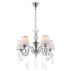 Люстра цвета хром с белыми абажурами из стекла (5 ламп) (OU021/5/chrom) (OU021/5/chrom)