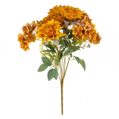 Букет "Цветочный ансамбль" (6 георгин и 3 гортензии), горчично-желтый, 45 см (9213-005)