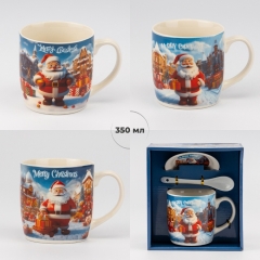 Кружка с блюдцем и ложечкой "Рождественская неожиданность", 350 мл * Рандомный выбор дизайна (9250-029)