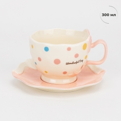 Кружка з блюдцем "Wonderful day", рожева, 300 мл (9304-035)